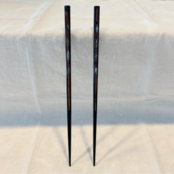 Japanese Vintage Black Lacquer Abalone Inlay Chopsticks Pair 9" Mother Of Pearl - Picture 1 of 3